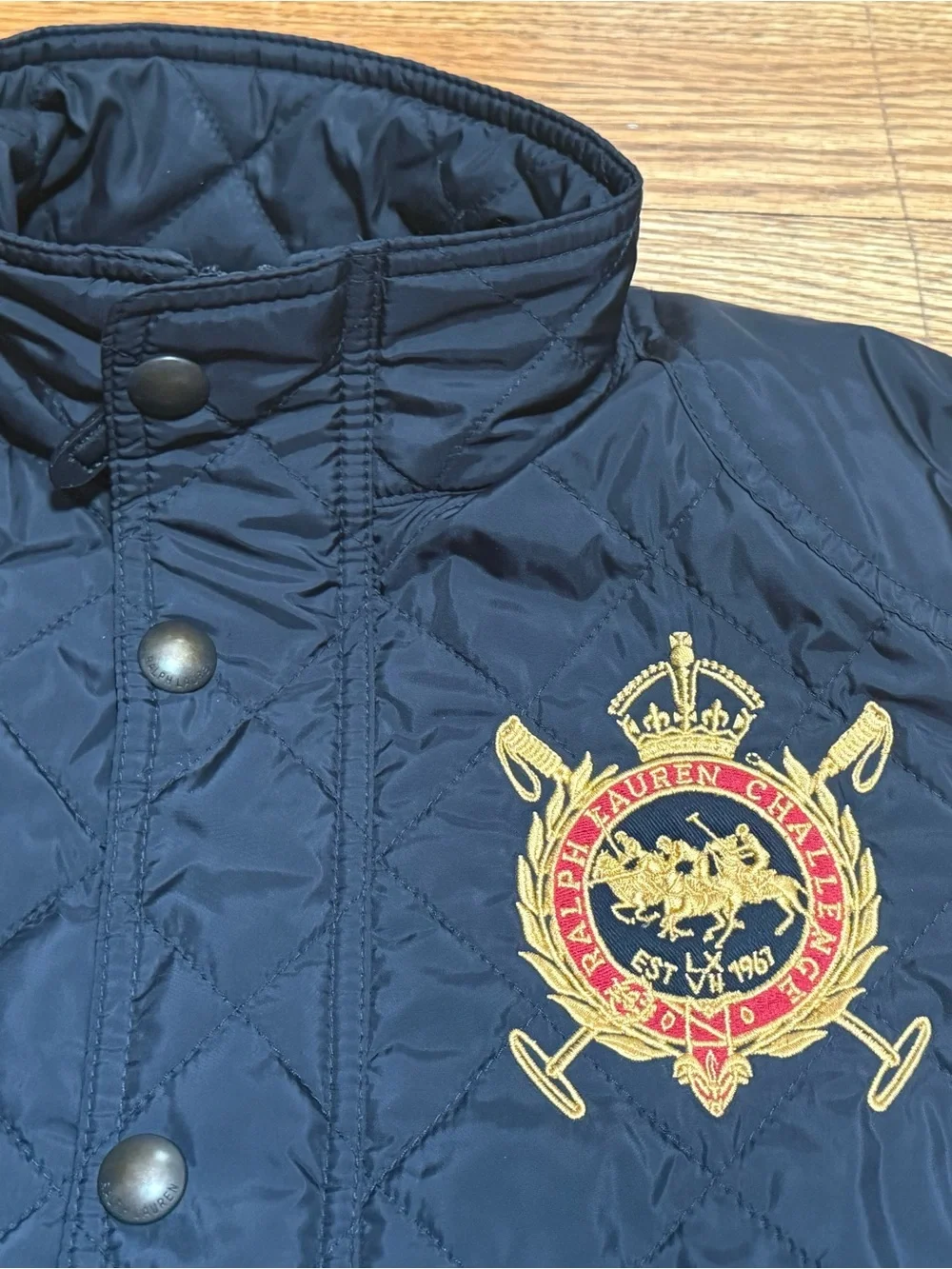 Ralph Lauren Sport Black Diamond-Quilted Riding Jacket w/Embroidered Crest Logo